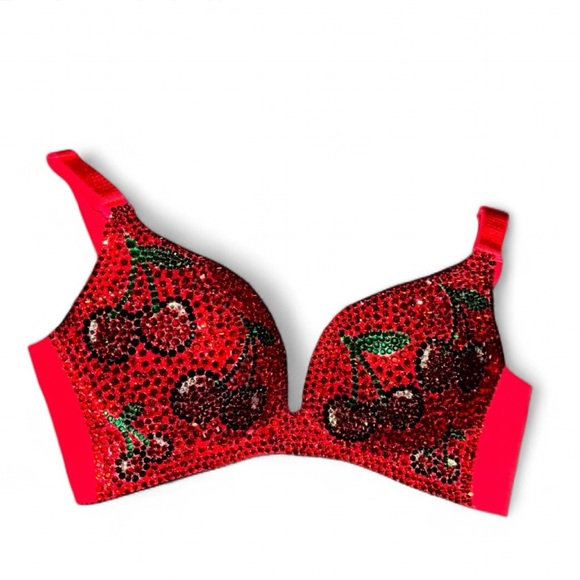 Cherry Theme Crystal Rhinestone Sparkly Classic Red Glam Bling Wireless Bra Top - Picture 2 of 15